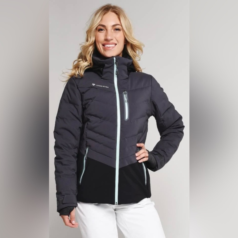 Obermeyer Cosmia Down puffer jacket ski snowboard‎ grey black aqua fitted warm 4